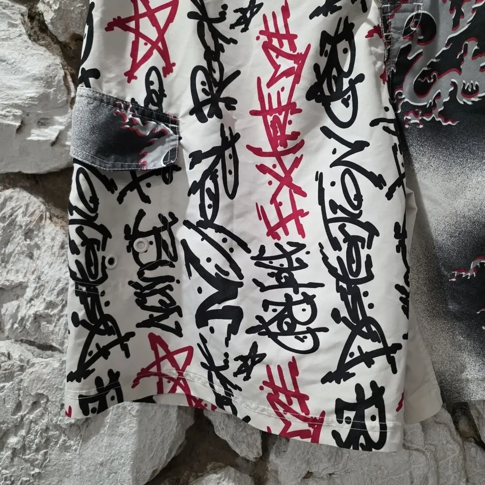 Vintage Y2K No Boundaries Dragon Board Shorts Men 34 Swim Trunks Grunge Surf Red